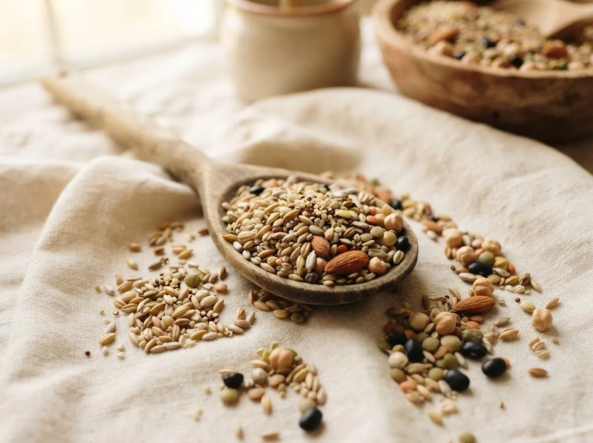 Whole grains, nuts, and seeds containing B vitamins